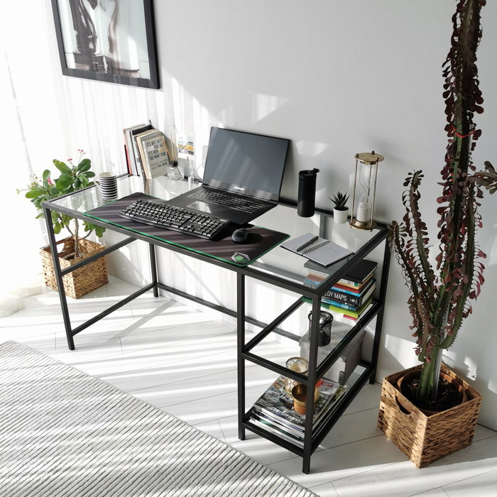 Hanah Home M101 Mesa de Estudio 130x60cm Cristal Templado y Metal Negro Diseño Moderno Industrial